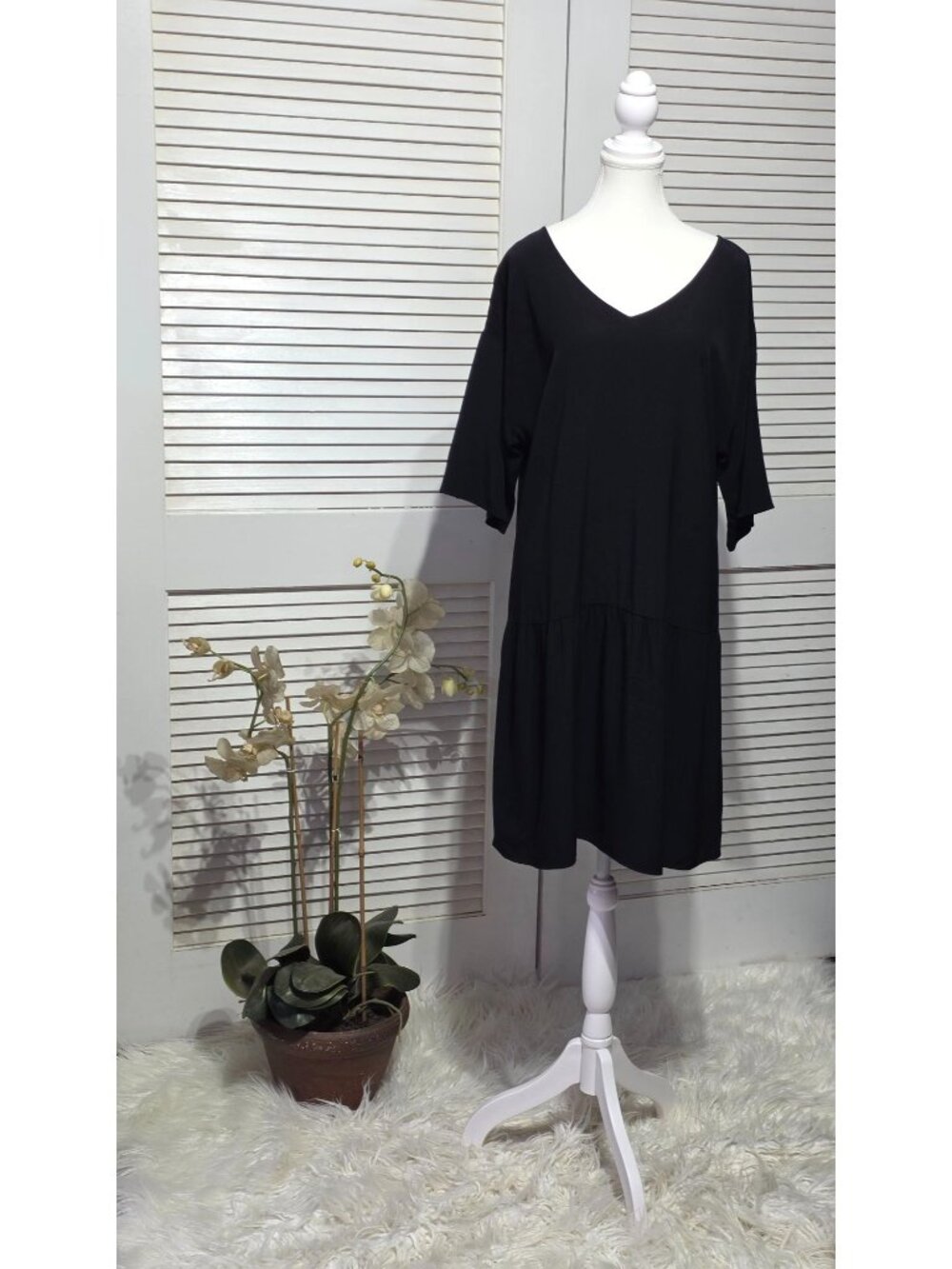 Eileen Fisher Women's Black Tiered Tencel Lyocell Drop Waist Dress Size M 3862